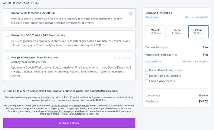 DreamHost open account additional options