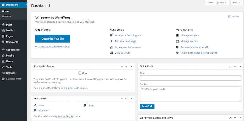 WordPress dashboard