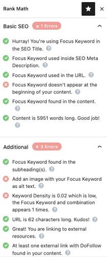 Rank Math blog post checklist in WordPress