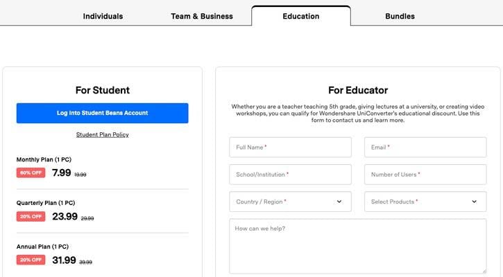 Wondershare UniConverter education pricing