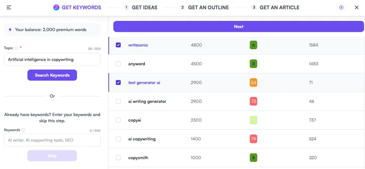 Writesonic AI article writer get keywords