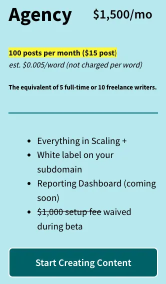 Content at Scale pricing Agency plan