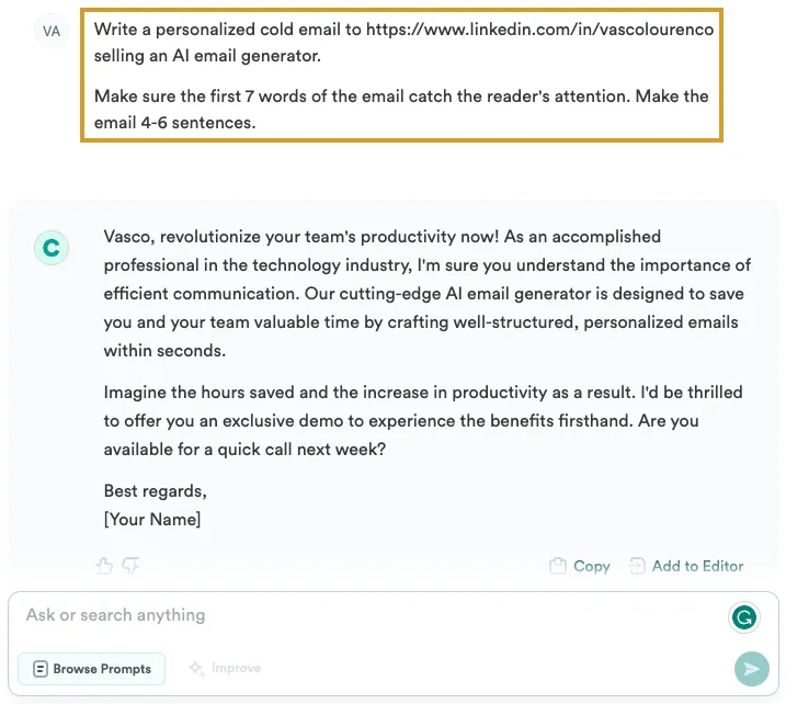 Chat by Copy AI email generator with LinkedIn profile example