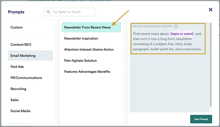 Chat by Copy AI newsletter from recent news email prompt