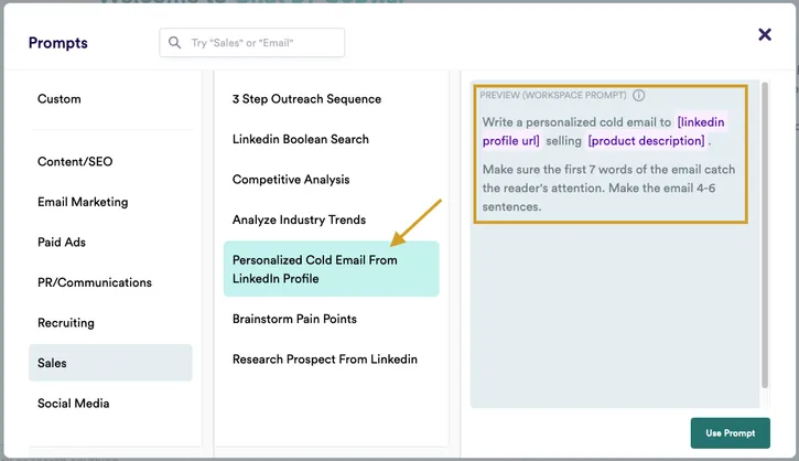 Chat by Copy AI personalized cold email from LinkedIn profile prompt