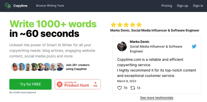 Copylime best unlimited AI writer