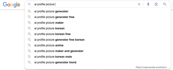 Google search typing AI profile picture relevant searches